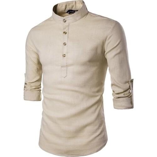 Euro Size Mens Linen Shirts Long Sleeve Button Down Solid Loose 2020 Spring Autumn Dress Henley Shirts Fashion Male Clothes