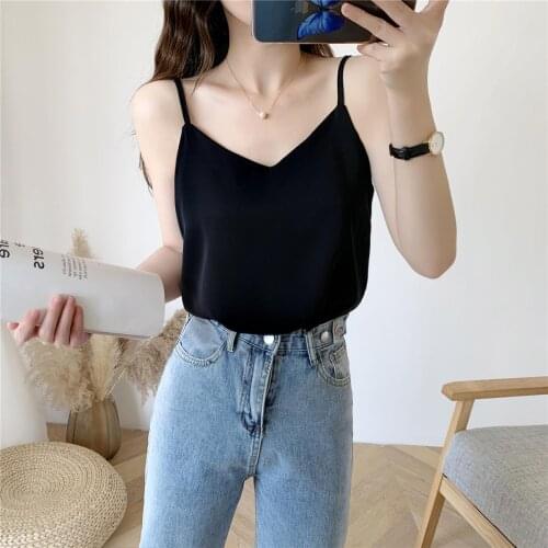 S-XL Women V-neck Solid Chiffon Camis Tops Female Sleeveless Summer Loose Simple Base Tees Tanks Tops