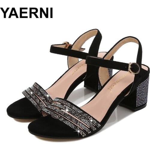 YAERNI Women Sandals Summer Soft Bottom Simple Fairy Rhinestone Toes Roman Shoes Thick Heels Casual Soft Big To\e Foot Sandalen