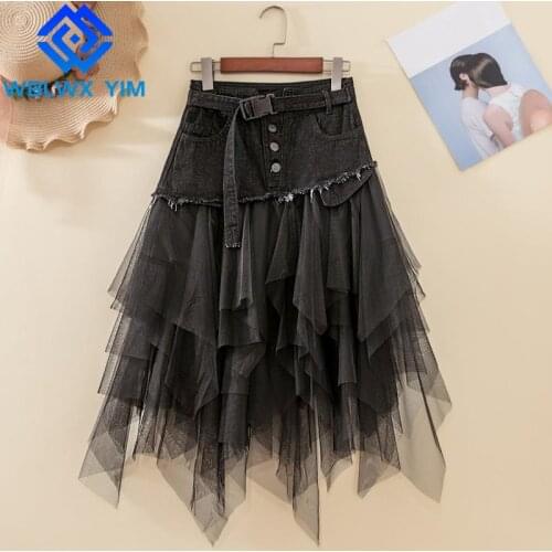 Mesh Splice A-Line Denim Skirt Women Summer Fashion Single Breasted Skirt Female Loose Plus size Casual High waist Skirts