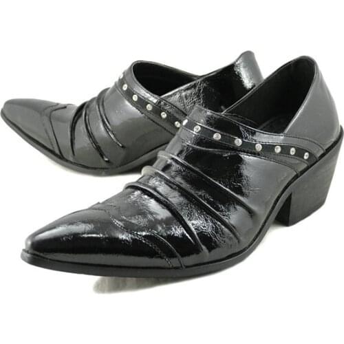 High heel dress shoes for men black genuine leather rivets oxford men slip on pointed toe prom dress wedding elegant office shoe