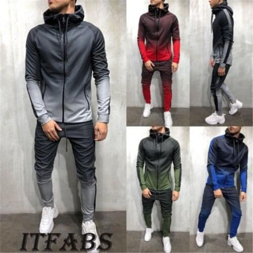 High Quality Men Turtleneck Gradual Change Color Tracksuit Hoodie Top+ High Waist Bottoms Joggers Gym Plain Zip Pockets Slim Fit
