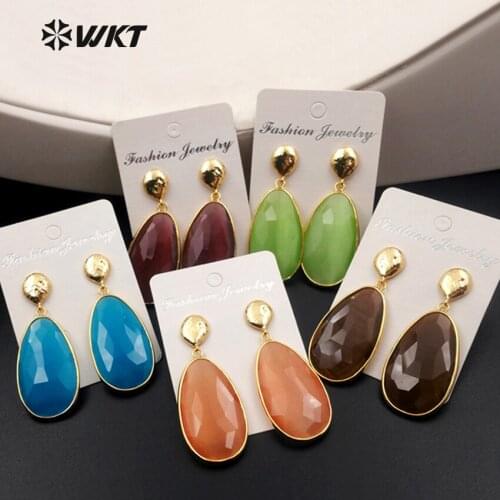 WT-E392 Wholesale Fashion Natural Crystal Stone Earrings Plating 24K Gold Water-Drop Shape Stone Earrings Jewelry For Women Gift