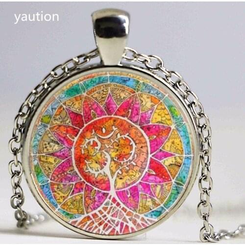 Jewelry Mandala om Tree of Life Cabochon Glass Tibet Silver Chain For Women Necklace&Pendants Christmas Gift