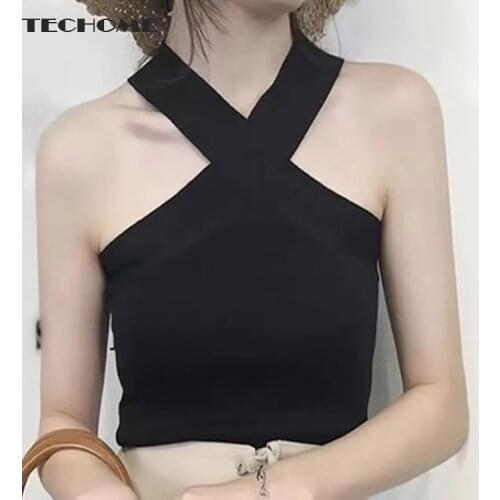 Womens Camisole Cross V Neck Knitted Tank Female Top Sleeveless T-shirts Fitness Vest for Ladies Sexy Summer Crochet Crop Top