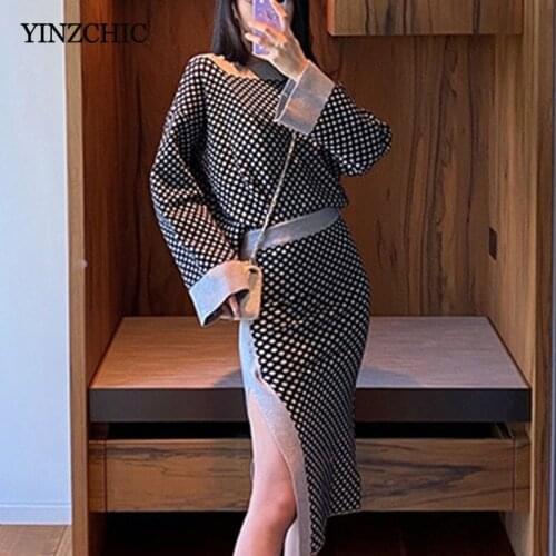 Star Style Woman Knitted 2pcs Set Dots Loose Sweater Furcal Pencil Skirt for Woman Autumn New Female Casual Sweater Pencil Suit