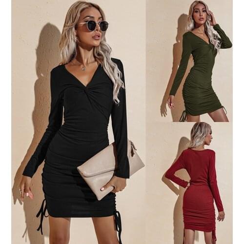 European and American Womens Autumn 2021 New Long-Sleeved V-Neck Sexy Slim Bm Style Dress Skirt