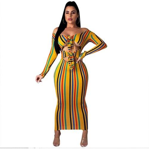Striped Sexy Bandage Dress Women Clothes Fall Slash Neck Long Sleeve Package Hip Midi Bodycon Dresses Night Club Party Dress