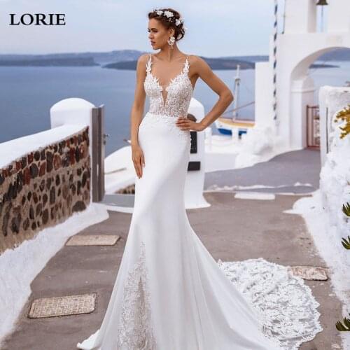 LORIE Mermaid Wedding Dress 2021 Spaghetti Strap Vestidos de novia Vintage Lace Appliques Bridal Gown Backless Wedding Gowns
