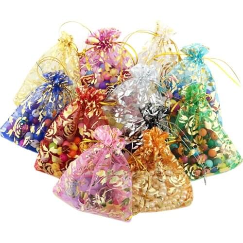 100pcs/lot Organza Gilded Rose Gift Bags Strap Drawstring Candy Pouches Wholesale Jewellery Packaging Christmas Gifts Decor