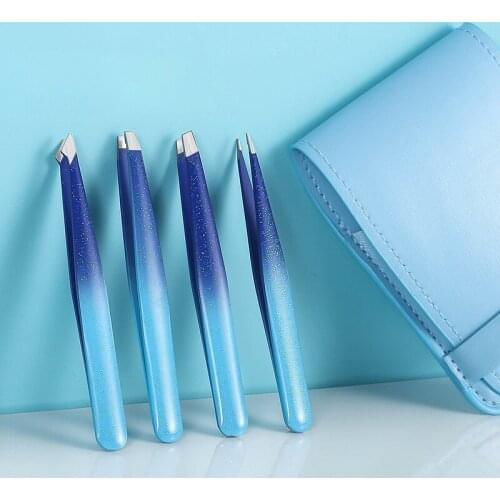 4pcs Eyebrow Tweezer Gradient Glitter Pink/blue Hair Beauty Fine Hairs Puller Slanted Eye Brow Clips Removal Makeup Tools