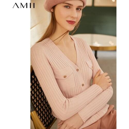 Amii Minimalism Autumn Winter Womens Sweater Causal Solid Vneck Pocket Slim Fit Woolen Cardigans For Women 12041048