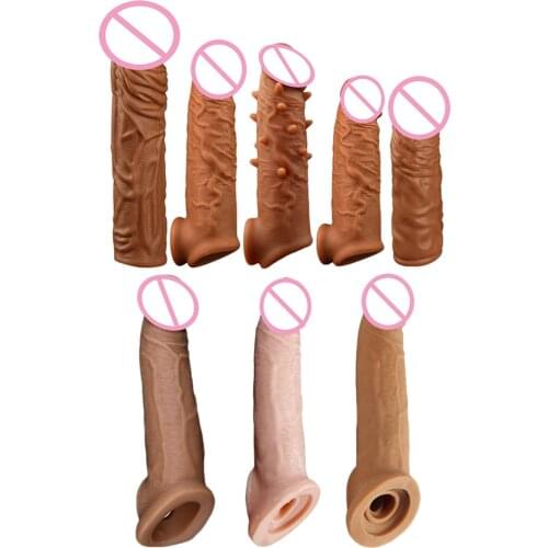 Safe and soft Liquid Silicone Reusable Penis Sleeve Extender Condom Realistic Male Cock Dildo Enlargement Condoms For Man