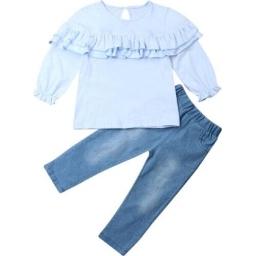 Toddler Kids Baby Girl Winter Clothes Ruffle Tops Denim Pants 2Pcs Outfits Set 1-6Y