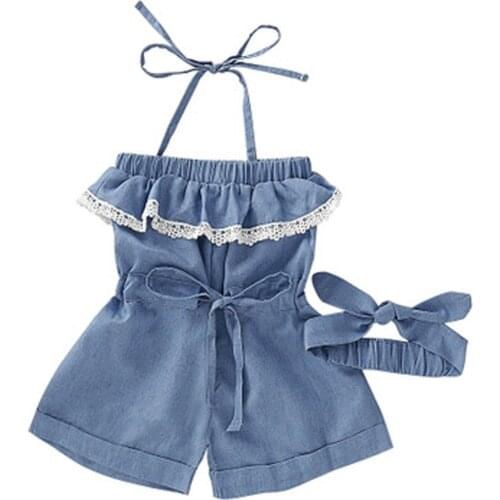 Toddler Kids Girls Denim Lace Belt Suspender Little Girls Strap Vest Bodysuit Romper Clothes With Hairband Baby Clothes Set