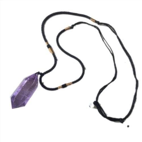 Ethnic Style Irregular Shape Natural Amethysts Crystal Pendant Rope Chain Necklace Handmade Weave Jewelry