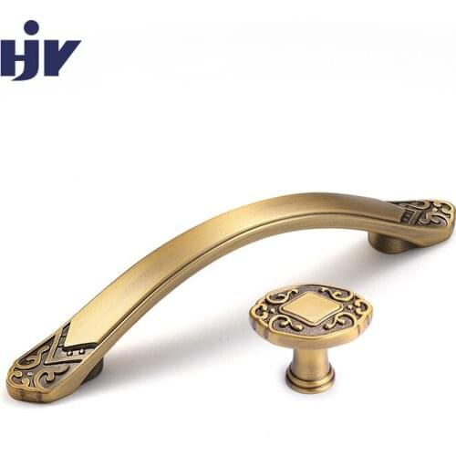 HJY Antique Cabinet Handles Drawer Knob Retro Door Pull European Vintage Kitchen Cupboard Furniture Handle Zinc Alloy Brass Z409