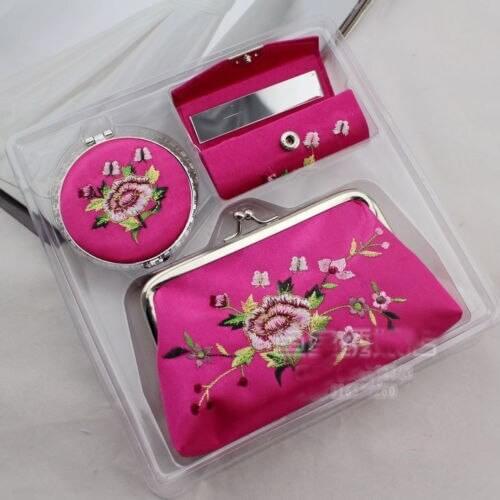 Chinese Handmade Rosy Embroidery Cosmetic Mirror&Lipstick Box Purse Gift Set