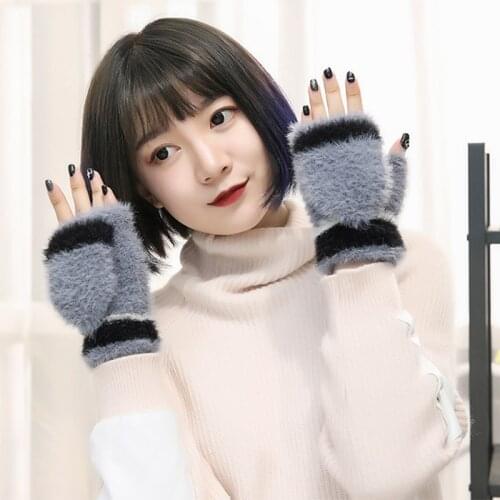 Korean Version Of Lovely Solid Thickened Warm Fuzzy Flip Gloves For Lady Exposed Finger Glove womens Winter Fingerless Mittens