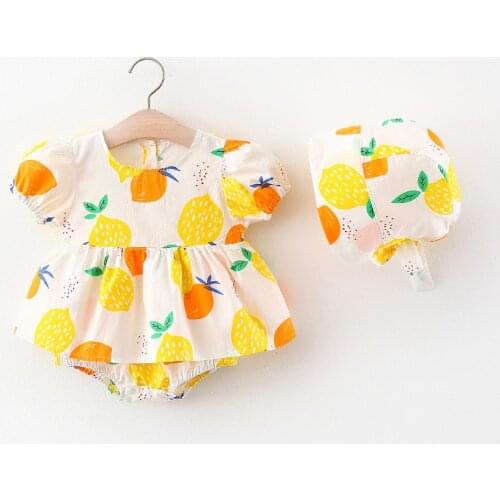 2Pcs Baby Girls Summer Outfits, Puff Sleeves Cartoon Print Tutu Romper with Sun Hat Set