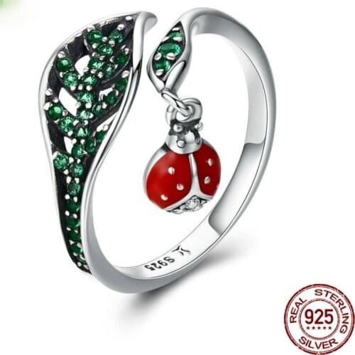 MIQIAO 925 Sterling Silver Green Crystal Zircon Leaf Red Lady Bug Vintage Boho Rings for Women Couple Friends Gift Jewelry Goth