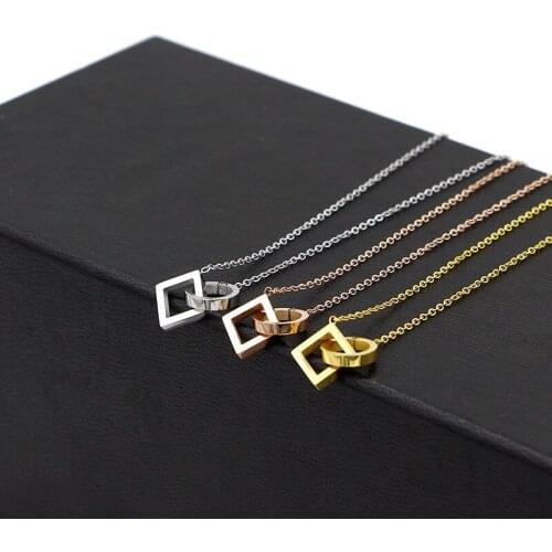 Fashion Brand Love Circle Square Clasped Pendant Necklace Women Party Wedding Gift Stainless Steel Rose Gold Color