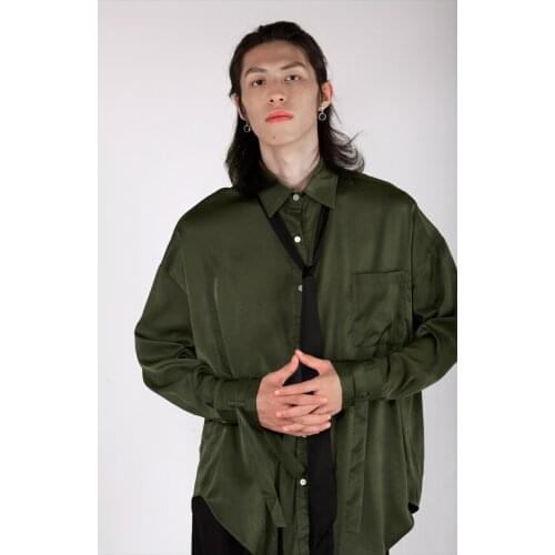 Mens Long Sleeve Shirt Spring And Autumn New Lapel Pure Color Simple Single Breasted Pocket Design Long Sleeve Shirt Cuff Rope