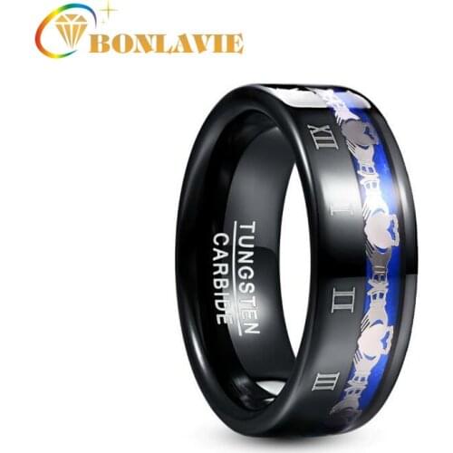 8mm Wide Plating Black Tungsten Steel Mens Ring Claddagh Pattern Engraved Roman Numeral Tungsten Carbide Ring Mens Jewelry