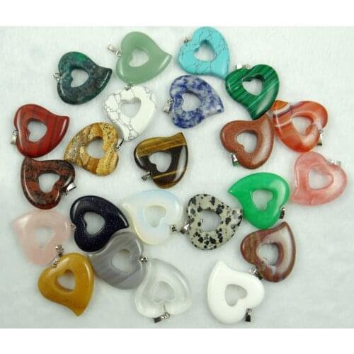 Natural Gem Stone Quartz Crystal Opal tiger eye Carved hollow heart pendant for diy Jewelry making necklace Accessories 1pc