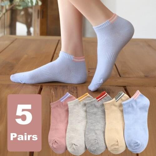 5 pairs Women Cotton Candy Spring Summer Purple Yellow Non-slip Short Boat Sock Girl Female Soft Stripe Invisible Sock Slippers