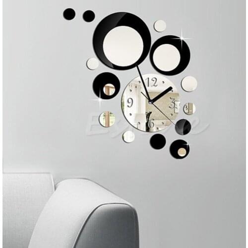 NEW 1Set Modern Circles Acrylic Mirror Style Wall Clock Removable Decal Art Sticker Decor