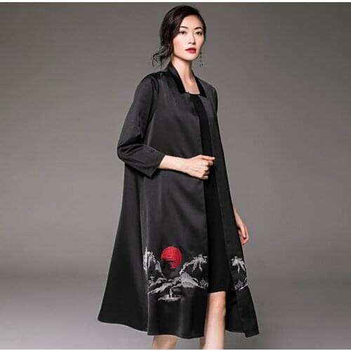 Silky mesh trench female plus size embroidery windbreaker kimono female oversize vacation silk lace trench outerwear wq1455