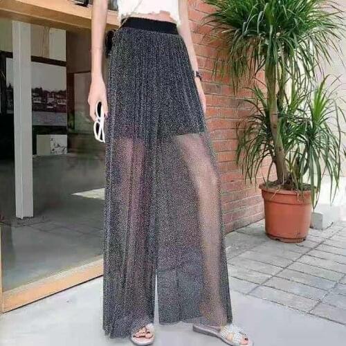 Spring and Summer Casual Large Size Slim Skirt Pants with High Waist Drooping Feeling Ice Silk Mesh Bright Silk Wide Leg Pants