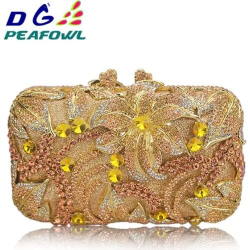 Luxury Golden Rose yellow Flower Party Purse Women Wedding Bridal Handbag Pouch Soiree Pochette Bag Crystal Clutch Evening Bag