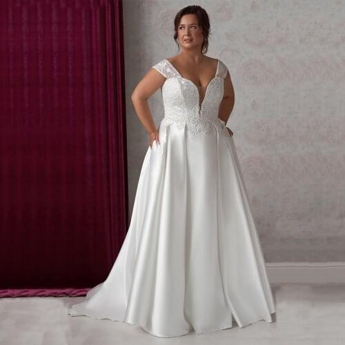 Sexy A Line Satin Wedding Dress Cap Sleeve Sweetheart Applique Beading Belt Sweep Train Plus Size Bridal Gown Robe De Mariee