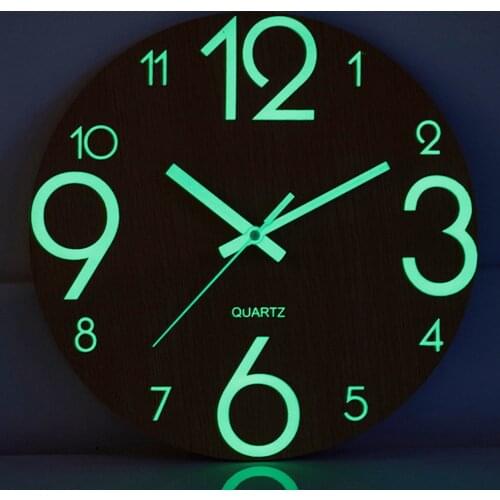 Luminous Wall Clock 12 Inch Wooden Silent Non-Ticking Kitchen Wall Clocks With Night Lights For Indoor/Outdoor Living Room