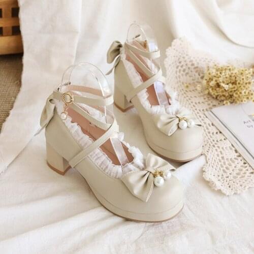 Lolita Shoes Women High Heels Pearl Lace Edge Straps Bow Cute Girls Princess Tea Party Shoes Students Lovely Shoes