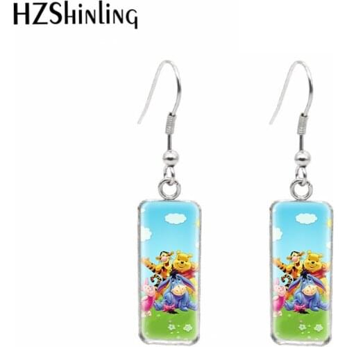Winnie The Pooh Piglet Tigger Cartoon Paintings Rectangular Hook Dangle Drop Earrings Fashion Jewelry