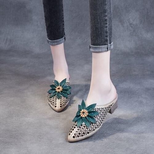 YourSeason 2021 Summer Floral Shoes Ladies Genuine Leather Outside Slides Concise Women Flower Hollow Slippers Retro