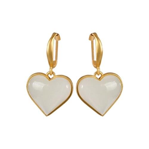 S925 sterling silver gold-plated natural Hetian jade ear studs personality light extravagant love heart-shaped Lady