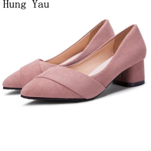 Women Pumps High Heels Shoes Casual Shallow Pointed Toe Thick Heels Woman Walking 2018 Autumn Fashion Slip On Work Comfortable