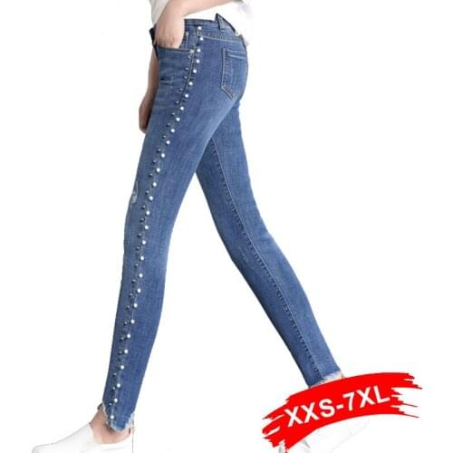 Summer Plus Size Nail Bead Light Blue Capris Jeans 4Xl 5Xl Light Blue Stretch Denim Pants Women Casual Trousers