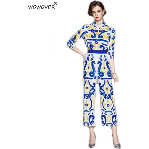 Elegant Lady Office Two Piece Outfits Women Runway Fashion Vintage Print Blouse and Pants Suit Matching Set
