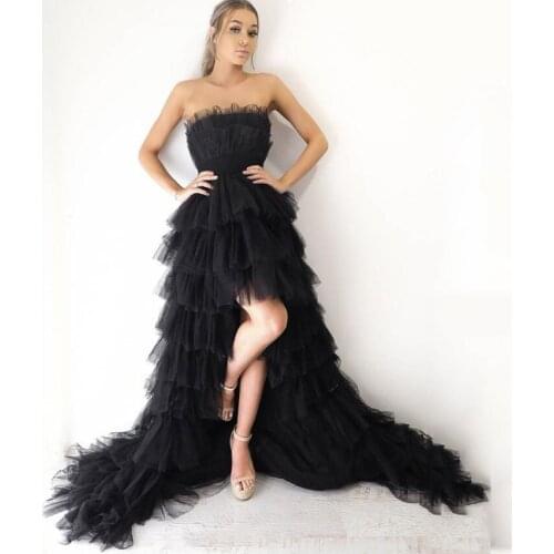 Black Elegant Long Prom Dress 2021 Strapless Sleeveless Ruffles Tulle Hi-Lo Women Formal Evening Party Cocktail Vestidos Gowns