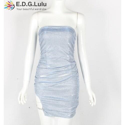 EDGLuLu Sexy Strapless Sleeveless Sequins Womens Dresses New Arrival Hollow Out Chain Party Light Blue Glitter Dress Vestido