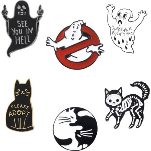 Enamel Pin Yin Yang Cat Skeleton Cat Overthink Ghost Ghostbusters Evil Ghost Pins Badges Animal Brooches For Women Men Unisex