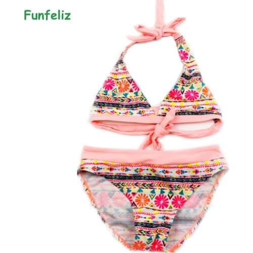 Funfeliz Girls Swimsuit 2018 Kids swimming suit two pieces Floral Print bathing suit girls Bikini Children Swim Wear 6-16 Years