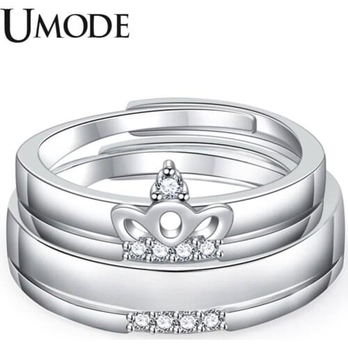 UMODE New CZ Crystal Open Cuff Crown Ring Set for Women Clear Cubic Zircon Jewelry White Gold Color Party Wedding Ring AUR0447