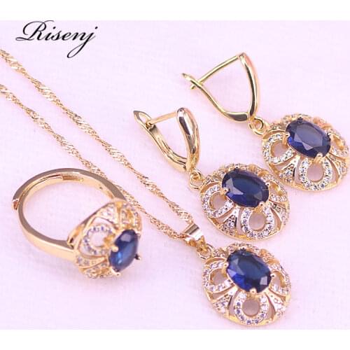 Factory Directly Sales Rose Gold Blue Zircon Jewelry Adjustable Ring Earrings Necklace Set Bridal Jewelry Drop Shipping JS28