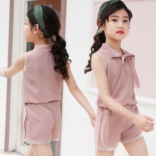 Summer Clothes For Girls Lace Sleeve Vest + Short Girls Clothing Set Plaid Teenage ChildrenS Summer Suits 6 8 10 12 13 14 Year